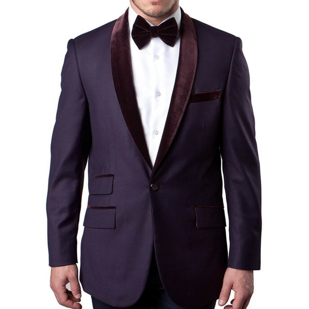 Solid Eggplant With Velvet Shawl Collar Men's Jacket